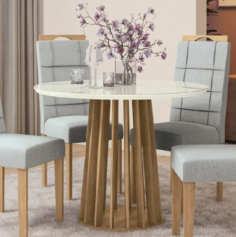 Conjunto Mesa de Jantar Redonda 105cm Lavanda com 4 Cadeiras Kappesberg -  Freijó/Linho Cinza